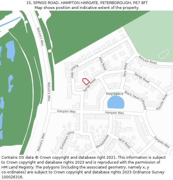15, SPRIGS ROAD, HAMPTON HARGATE, PETERBOROUGH, PE7 8FT: Location map and indicative extent of plot
