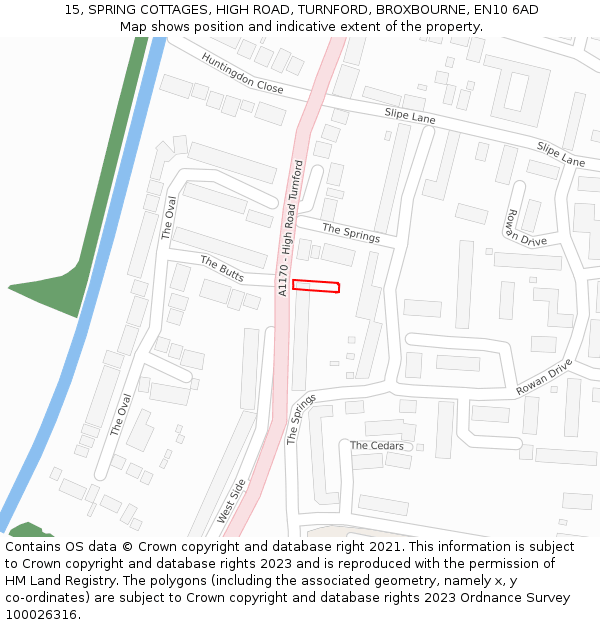15, SPRING COTTAGES, HIGH ROAD, TURNFORD, BROXBOURNE, EN10 6AD: Location map and indicative extent of plot