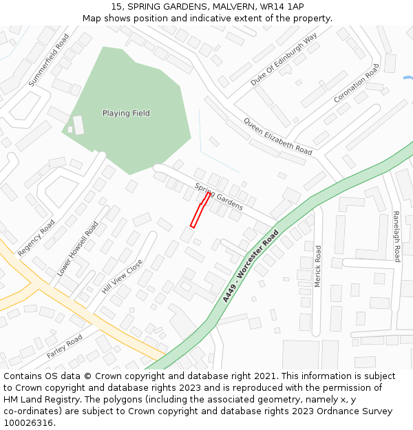 15, SPRING GARDENS, MALVERN, WR14 1AP: Location map and indicative extent of plot