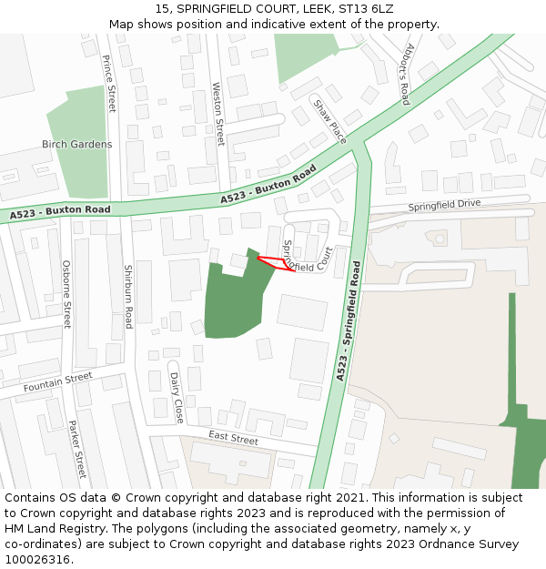 15, SPRINGFIELD COURT, LEEK, ST13 6LZ: Location map and indicative extent of plot