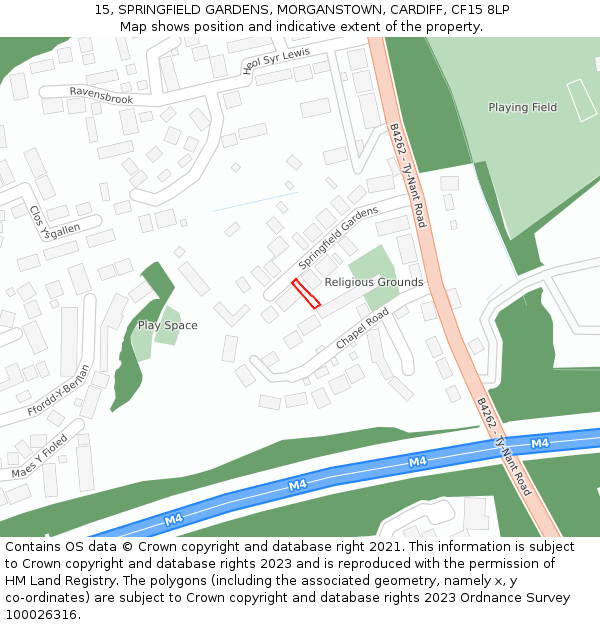 15, SPRINGFIELD GARDENS, MORGANSTOWN, CARDIFF, CF15 8LP: Location map and indicative extent of plot