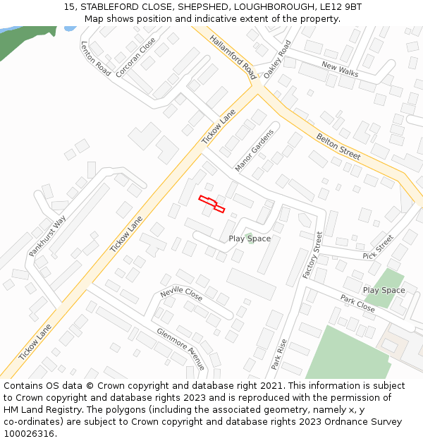 15, STABLEFORD CLOSE, SHEPSHED, LOUGHBOROUGH, LE12 9BT: Location map and indicative extent of plot
