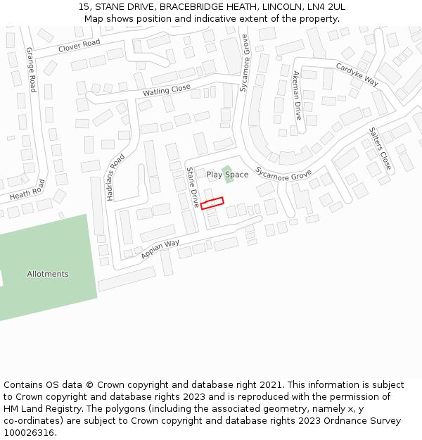 15, STANE DRIVE, BRACEBRIDGE HEATH, LINCOLN, LN4 2UL: Location map and indicative extent of plot