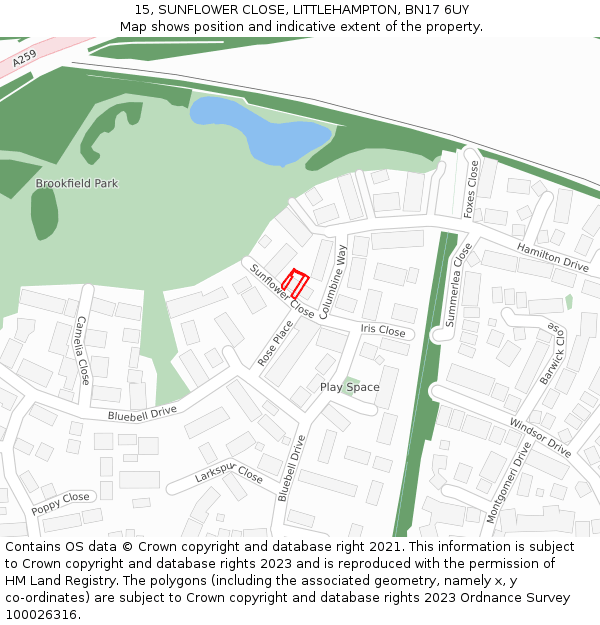 15, SUNFLOWER CLOSE, LITTLEHAMPTON, BN17 6UY: Location map and indicative extent of plot