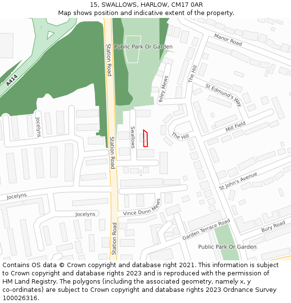 15, SWALLOWS, HARLOW, CM17 0AR: Location map and indicative extent of plot
