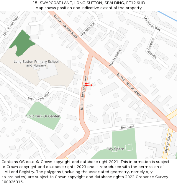 15, SWAPCOAT LANE, LONG SUTTON, SPALDING, PE12 9HD: Location map and indicative extent of plot