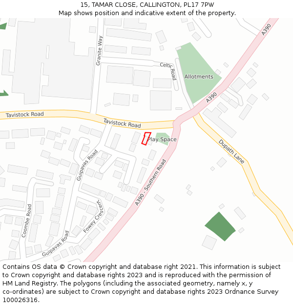 15, TAMAR CLOSE, CALLINGTON, PL17 7PW: Location map and indicative extent of plot
