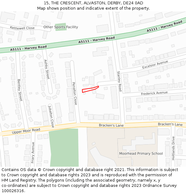 15, THE CRESCENT, ALVASTON, DERBY, DE24 0AD: Location map and indicative extent of plot
