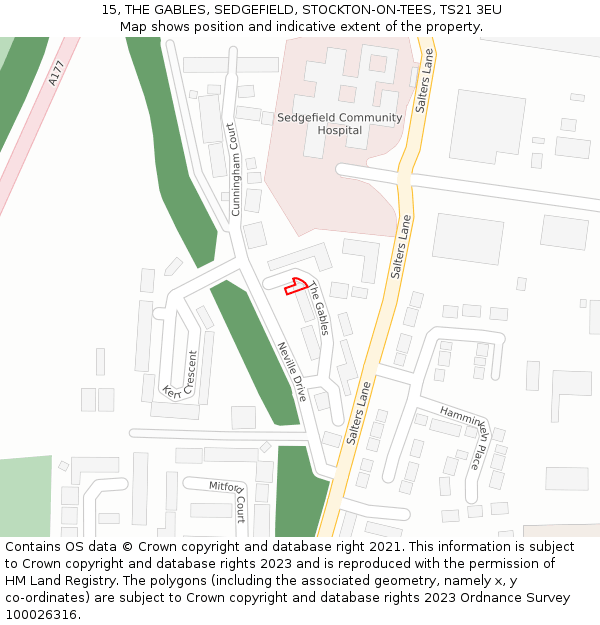 15, THE GABLES, SEDGEFIELD, STOCKTON-ON-TEES, TS21 3EU: Location map and indicative extent of plot