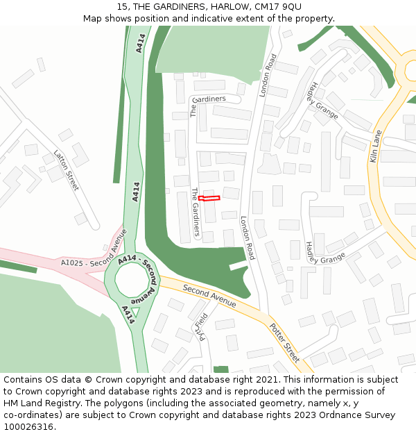 15, THE GARDINERS, HARLOW, CM17 9QU: Location map and indicative extent of plot