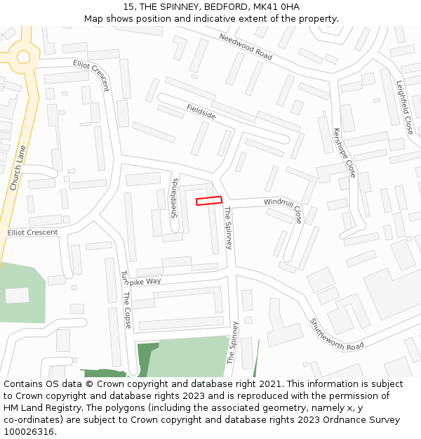 15, THE SPINNEY, BEDFORD, MK41 0HA: Location map and indicative extent of plot