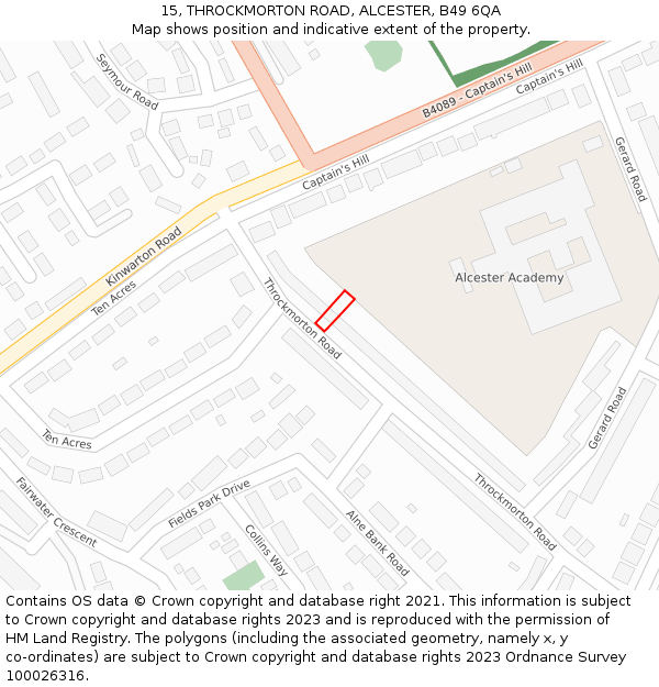 15, THROCKMORTON ROAD, ALCESTER, B49 6QA: Location map and indicative extent of plot