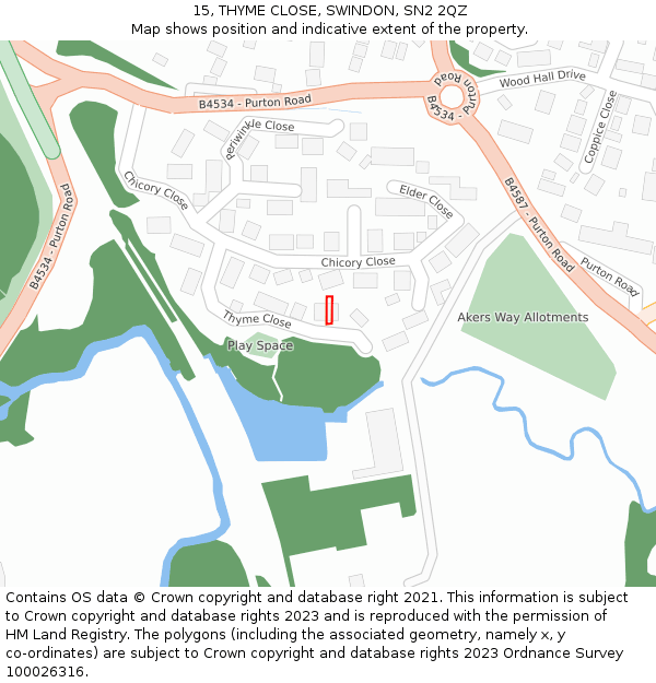 15, THYME CLOSE, SWINDON, SN2 2QZ: Location map and indicative extent of plot