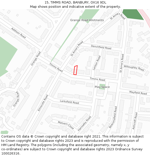 15, TIMMS ROAD, BANBURY, OX16 9DL: Location map and indicative extent of plot