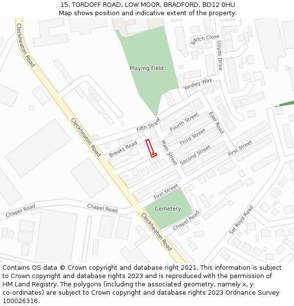 15, TORDOFF ROAD, LOW MOOR, BRADFORD, BD12 0HU: Location map and indicative extent of plot