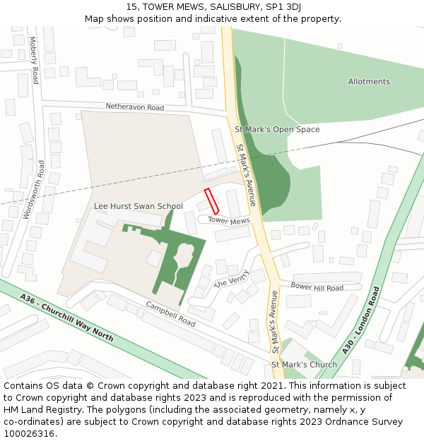 15, TOWER MEWS, SALISBURY, SP1 3DJ: Location map and indicative extent of plot