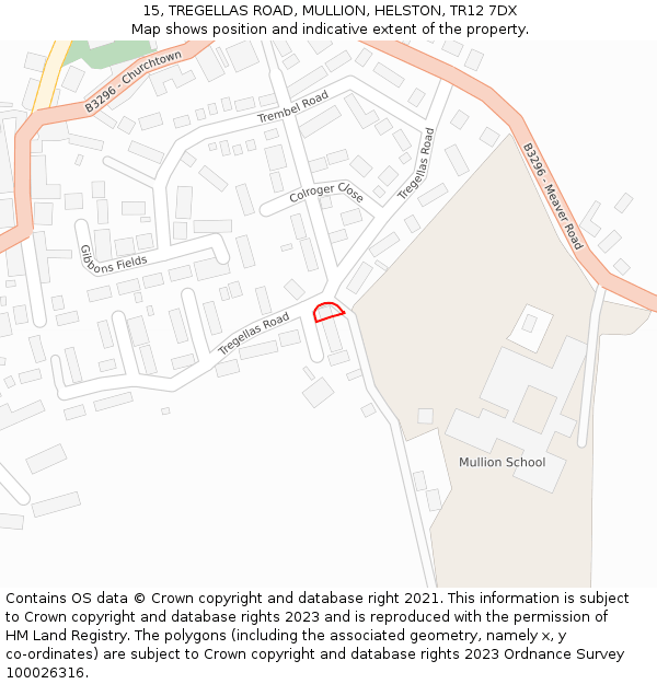 15, TREGELLAS ROAD, MULLION, HELSTON, TR12 7DX: Location map and indicative extent of plot