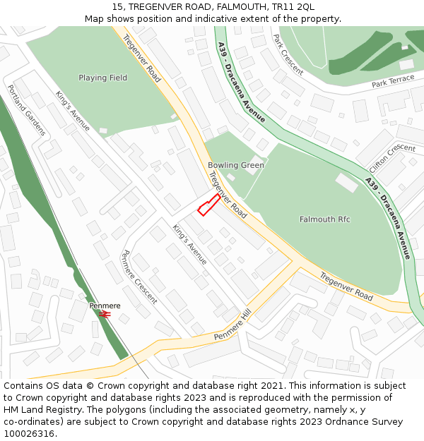 15, TREGENVER ROAD, FALMOUTH, TR11 2QL: Location map and indicative extent of plot