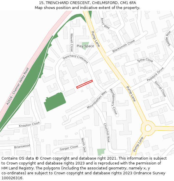 15, TRENCHARD CRESCENT, CHELMSFORD, CM1 6FA: Location map and indicative extent of plot