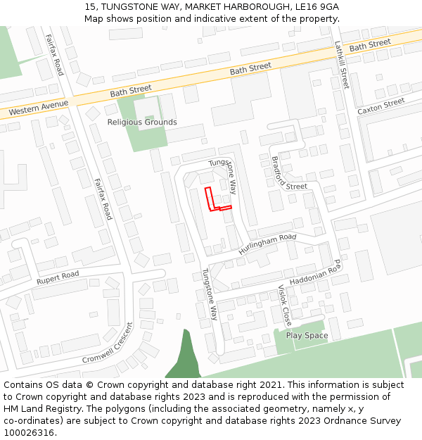 15, TUNGSTONE WAY, MARKET HARBOROUGH, LE16 9GA: Location map and indicative extent of plot