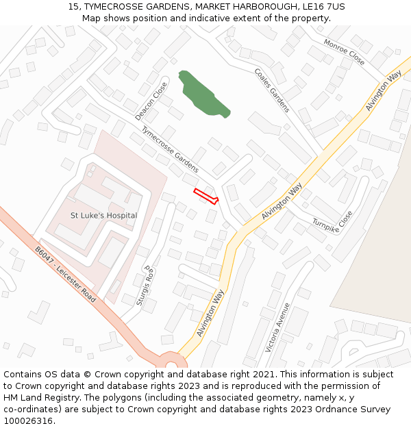 15, TYMECROSSE GARDENS, MARKET HARBOROUGH, LE16 7US: Location map and indicative extent of plot