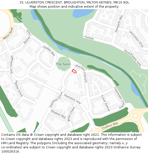15, ULVERSTON CRESCENT, BROUGHTON, MILTON KEYNES, MK10 9QL: Location map and indicative extent of plot