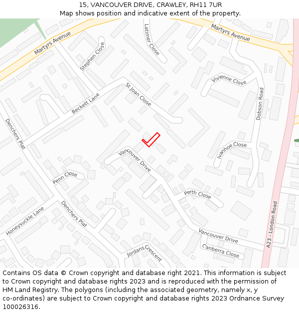15, VANCOUVER DRIVE, CRAWLEY, RH11 7UR: Location map and indicative extent of plot