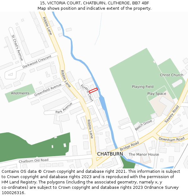 15, VICTORIA COURT, CHATBURN, CLITHEROE, BB7 4BF: Location map and indicative extent of plot