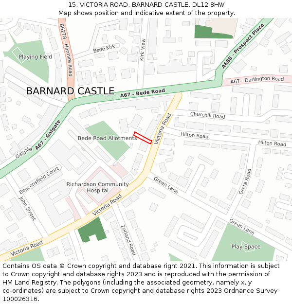15, VICTORIA ROAD, BARNARD CASTLE, DL12 8HW: Location map and indicative extent of plot