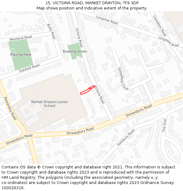 15, VICTORIA ROAD, MARKET DRAYTON, TF9 3DP: Location map and indicative extent of plot
