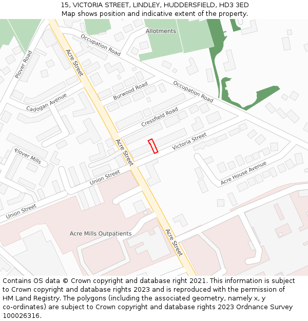 15, VICTORIA STREET, LINDLEY, HUDDERSFIELD, HD3 3ED: Location map and indicative extent of plot