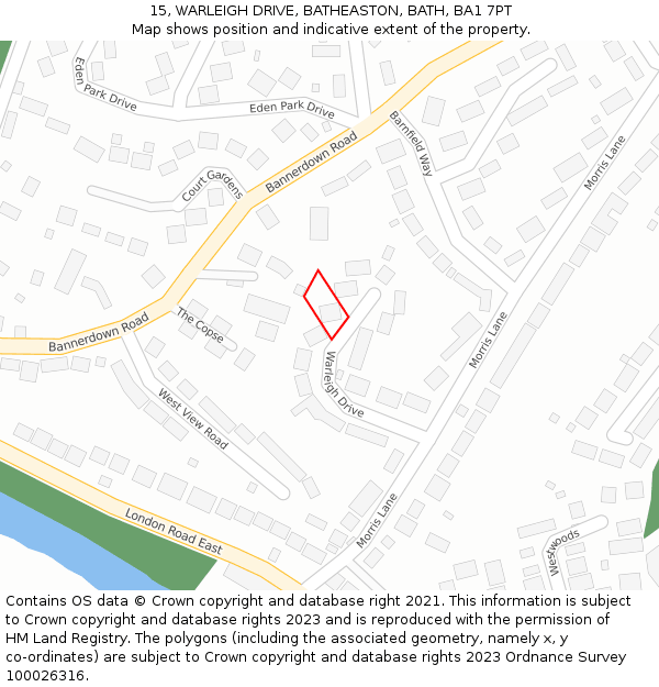 15, WARLEIGH DRIVE, BATHEASTON, BATH, BA1 7PT: Location map and indicative extent of plot