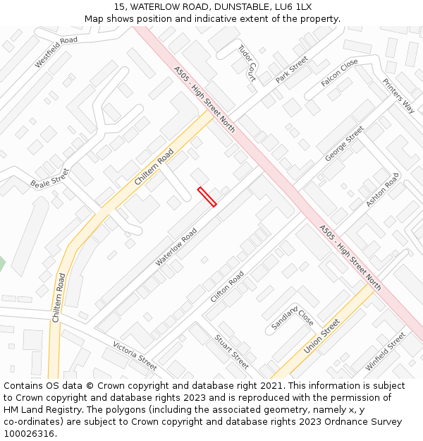 15, WATERLOW ROAD, DUNSTABLE, LU6 1LX: Location map and indicative extent of plot