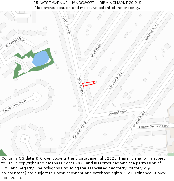 15, WEST AVENUE, HANDSWORTH, BIRMINGHAM, B20 2LS: Location map and indicative extent of plot