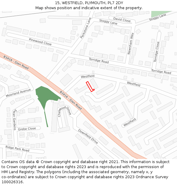 15, WESTFIELD, PLYMOUTH, PL7 2DY: Location map and indicative extent of plot