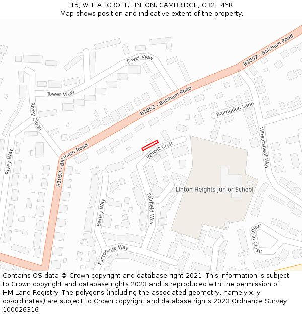 15, WHEAT CROFT, LINTON, CAMBRIDGE, CB21 4YR: Location map and indicative extent of plot