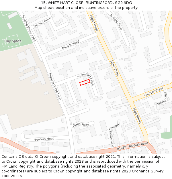 15, WHITE HART CLOSE, BUNTINGFORD, SG9 9DG: Location map and indicative extent of plot