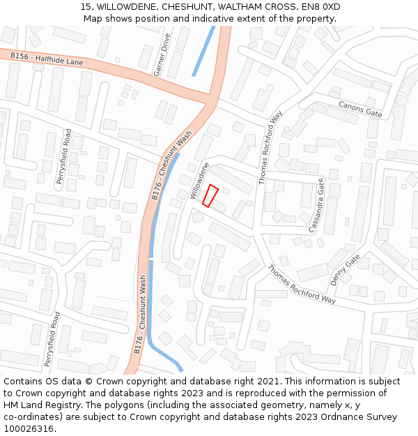 15, WILLOWDENE, CHESHUNT, WALTHAM CROSS, EN8 0XD: Location map and indicative extent of plot