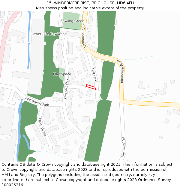 15, WINDERMERE RISE, BRIGHOUSE, HD6 4FH: Location map and indicative extent of plot