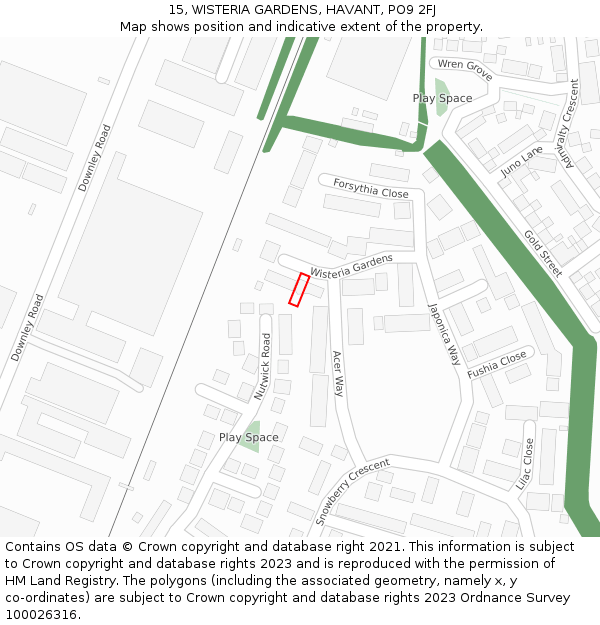 15, WISTERIA GARDENS, HAVANT, PO9 2FJ: Location map and indicative extent of plot
