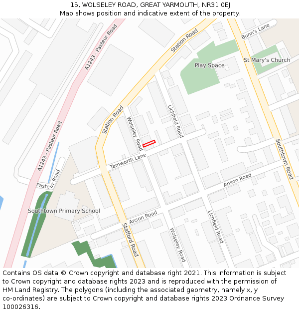 15, WOLSELEY ROAD, GREAT YARMOUTH, NR31 0EJ: Location map and indicative extent of plot