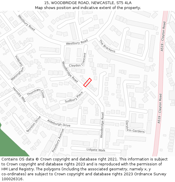 15, WOODBRIDGE ROAD, NEWCASTLE, ST5 4LA: Location map and indicative extent of plot