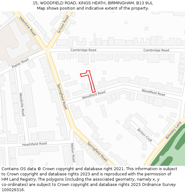 15, WOODFIELD ROAD, KINGS HEATH, BIRMINGHAM, B13 9UL: Location map and indicative extent of plot
