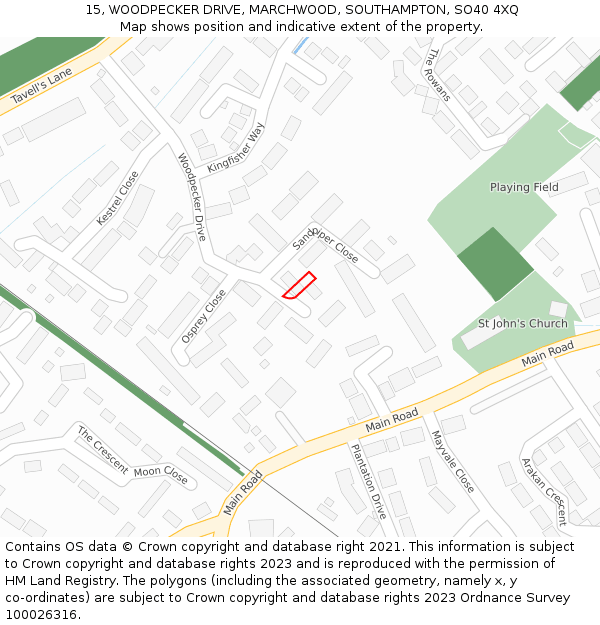 15, WOODPECKER DRIVE, MARCHWOOD, SOUTHAMPTON, SO40 4XQ: Location map and indicative extent of plot