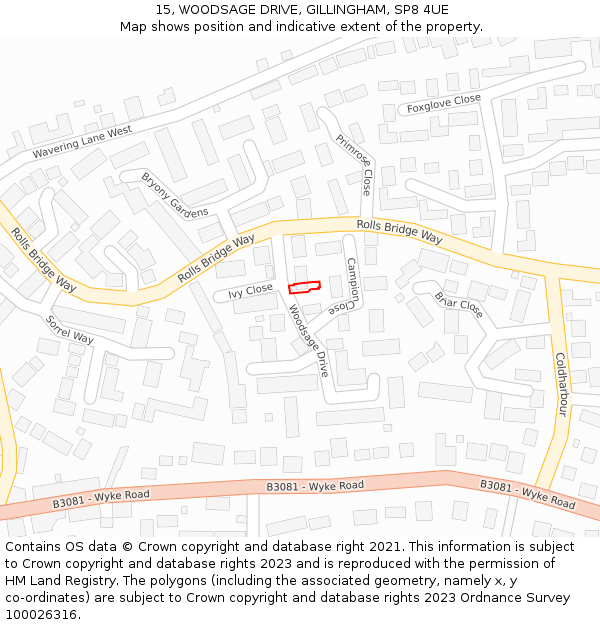 15, WOODSAGE DRIVE, GILLINGHAM, SP8 4UE: Location map and indicative extent of plot
