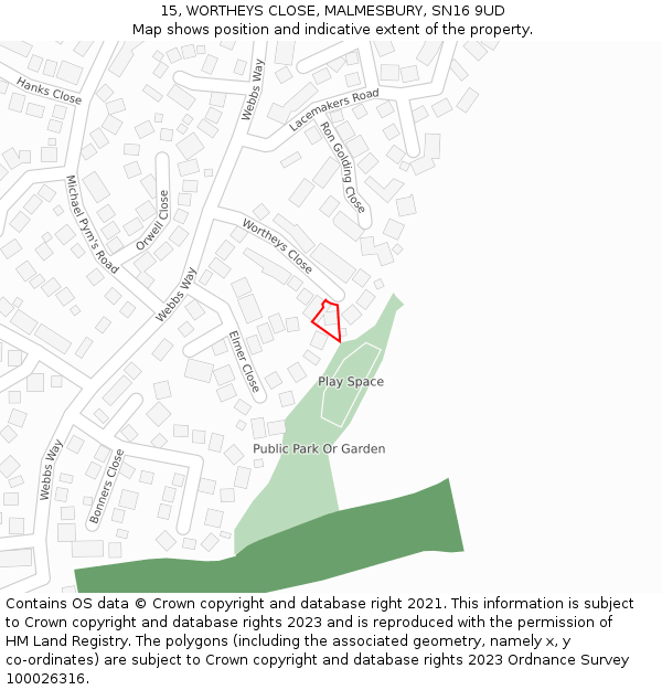 15, WORTHEYS CLOSE, MALMESBURY, SN16 9UD: Location map and indicative extent of plot