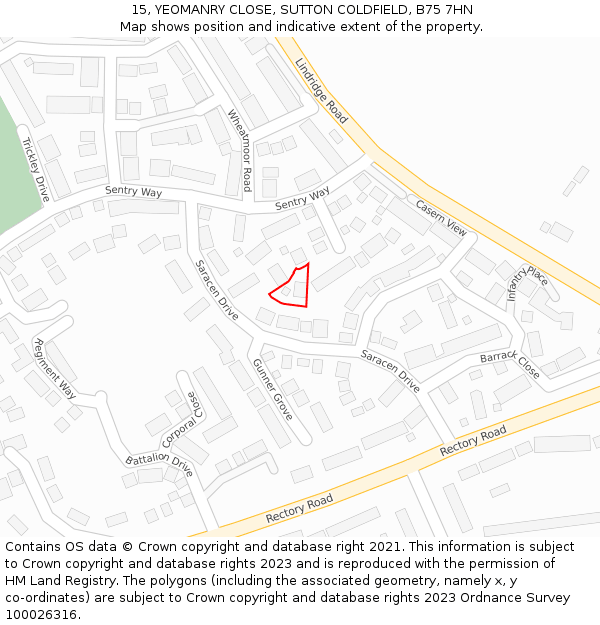 15, YEOMANRY CLOSE, SUTTON COLDFIELD, B75 7HN: Location map and indicative extent of plot