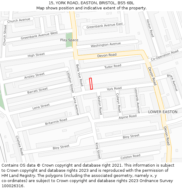 15, YORK ROAD, EASTON, BRISTOL, BS5 6BL: Location map and indicative extent of plot