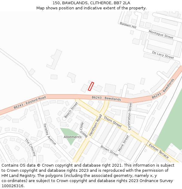 150, BAWDLANDS, CLITHEROE, BB7 2LA: Location map and indicative extent of plot