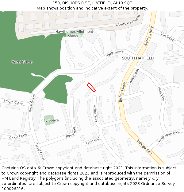 150, BISHOPS RISE, HATFIELD, AL10 9QB: Location map and indicative extent of plot